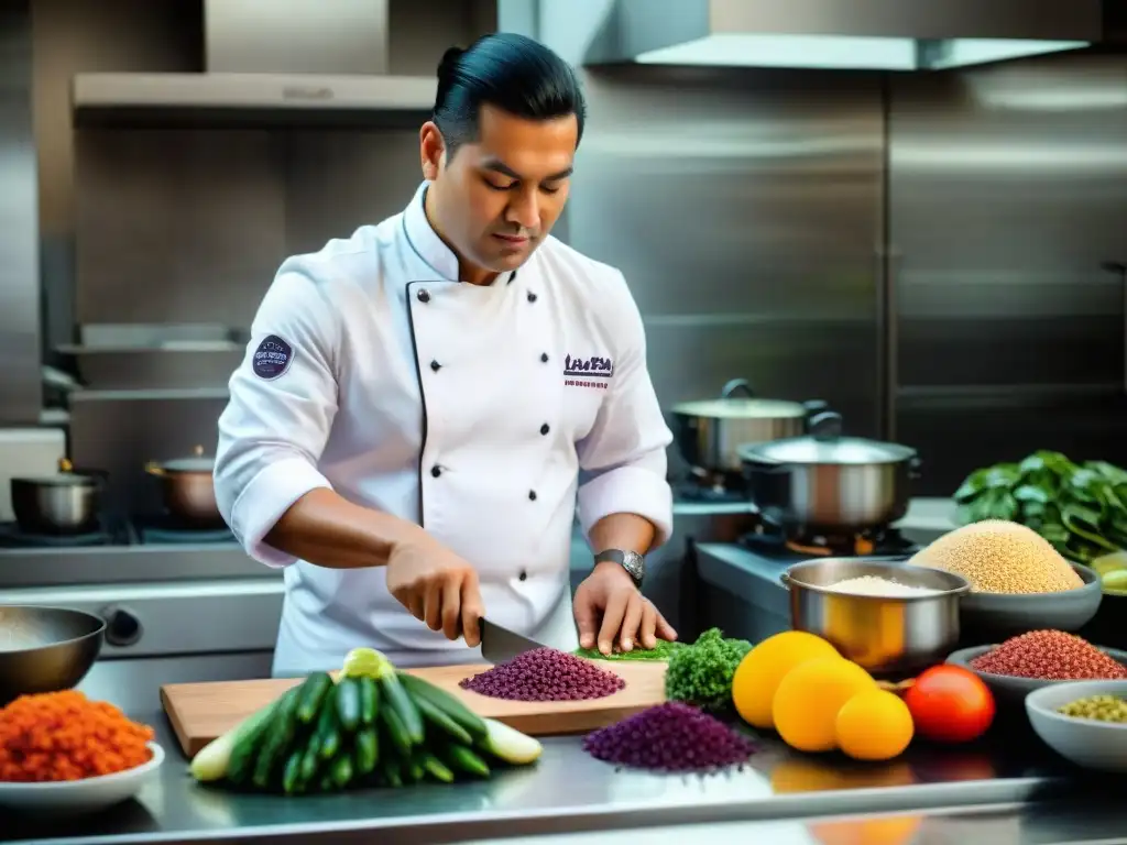 Un chef peruano en una cocina bulliciosa preparando ceviche con ingredientes autóctonos