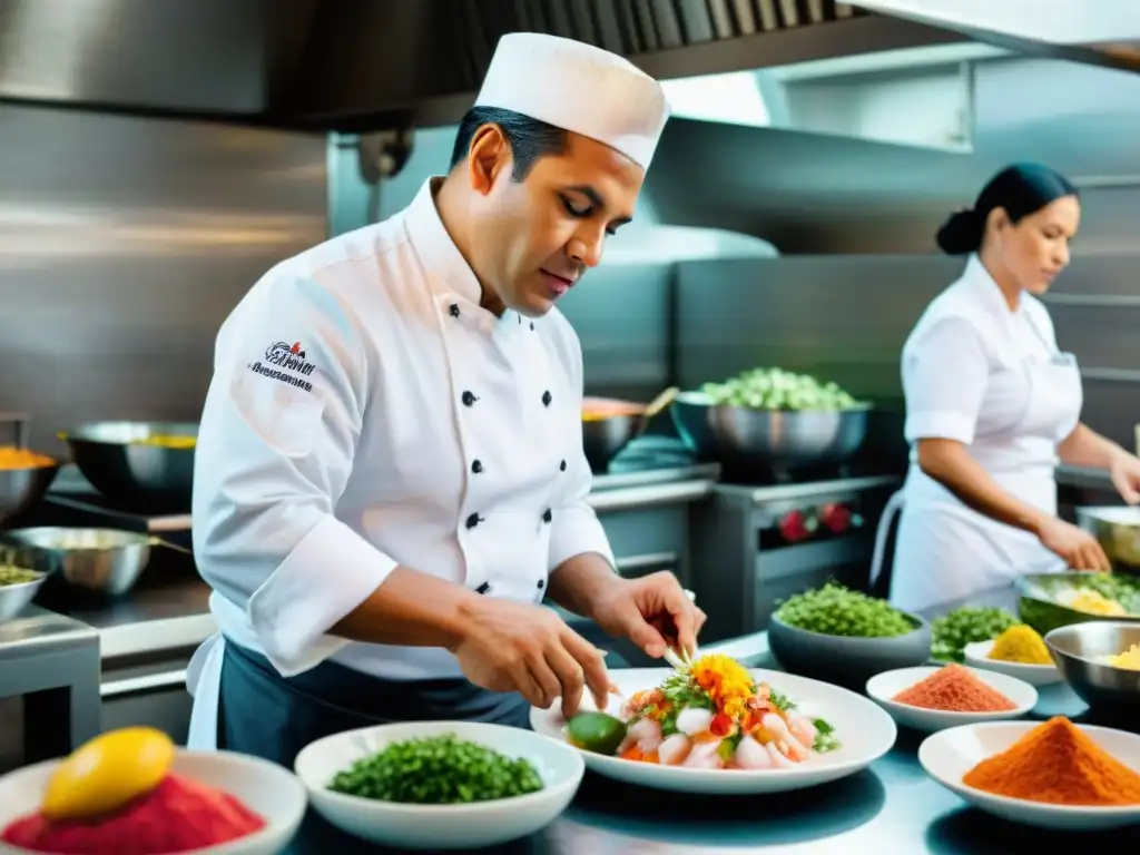 Chef peruano en cocina costeña preparando ceviche con ingredientes frescos y coloridos, rodeado de un equipo enfocado en sus tareas