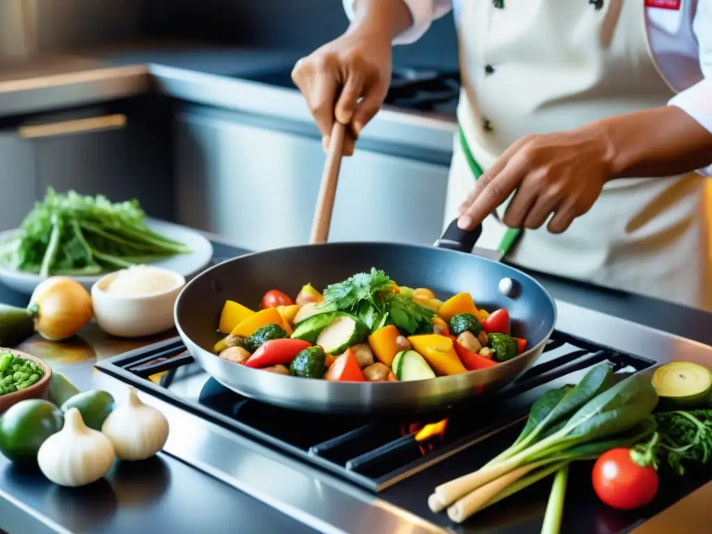 Un chef peruano hábil cocina con equipamiento de cocina antiadherente, salteando vegetales frescos sobre llama vibrante