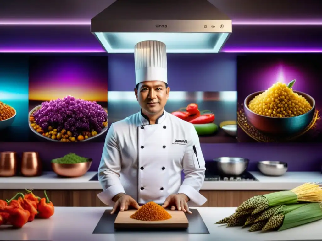 Chef peruano en cocina futurista con realidad aumentada enseñando técnicas culinarias peruanas