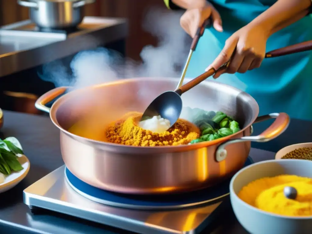 Un chef peruano hábil cocina ingredientes tradicionales en una olla de cobre, destacando la cocina peruana