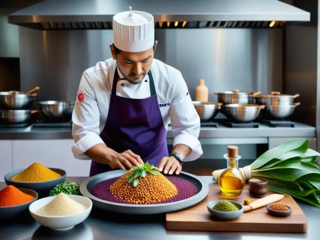 Un chef peruano en una cocina moderna con ingredientes andinos, fusionando tradición e innovación en la gastronomía peruana