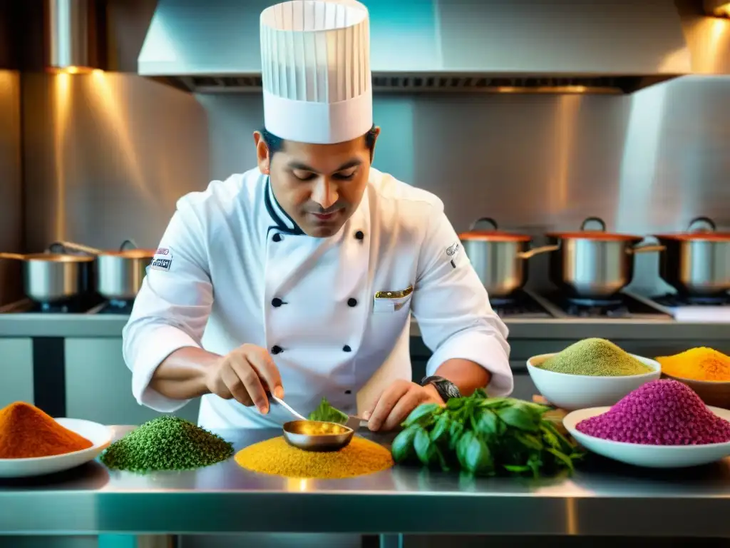 Chef peruano en cocina moderna de Lima, fusionando ingredientes en innovación culinaria Lima Perú