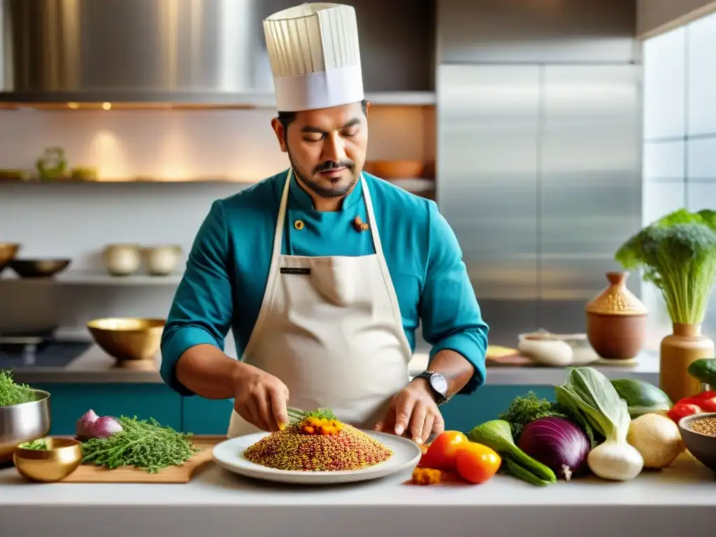 Un chef peruano en una cocina moderna, preparando un vibrante plato con quinua en la cocina contemporánea