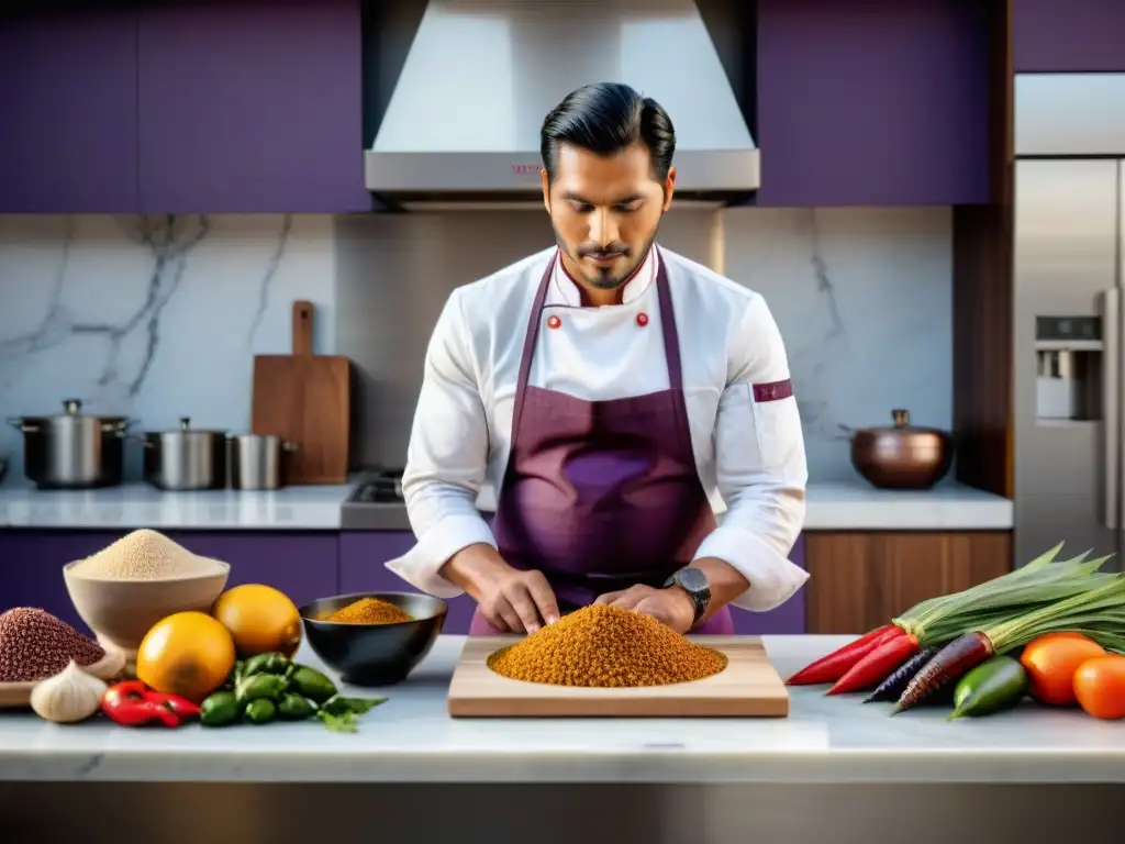 Un chef peruano en una cocina moderna con ingredientes autóctonos, fusionando tradición e innovación en la gastronomía peruana contemporánea