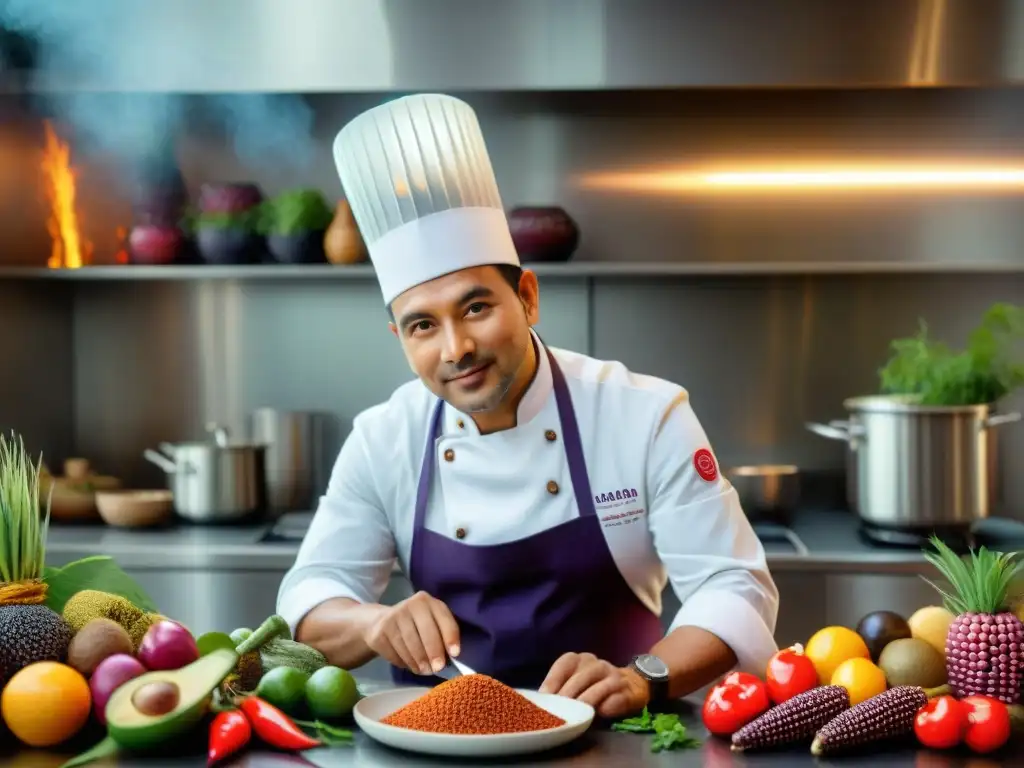 Un chef peruano en una cocina moderna, creando platos con ingredientes autóctonos