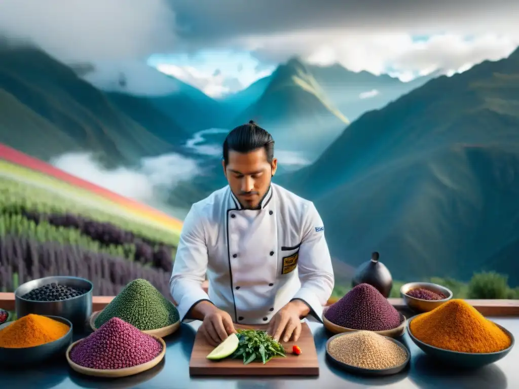 Un chef peruano hábil en cocina moderna de los Andes preparando sabores únicos con ingredientes indígenas