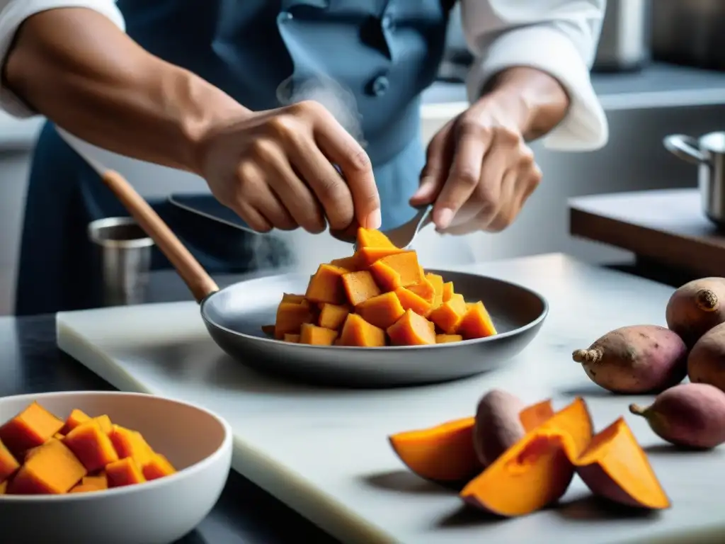 Un chef peruano hábil preparando puré de camote en cocina moderna