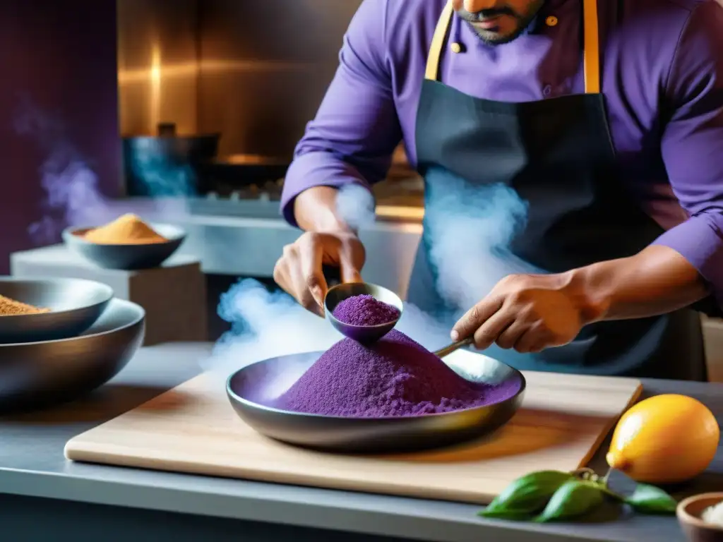Chef peruano: maíz morado ancestral en cocina moderna Un chef peruano en una cocina moderna muele maíz morado en metate, fusionando tradición e innovación en gastronomía
