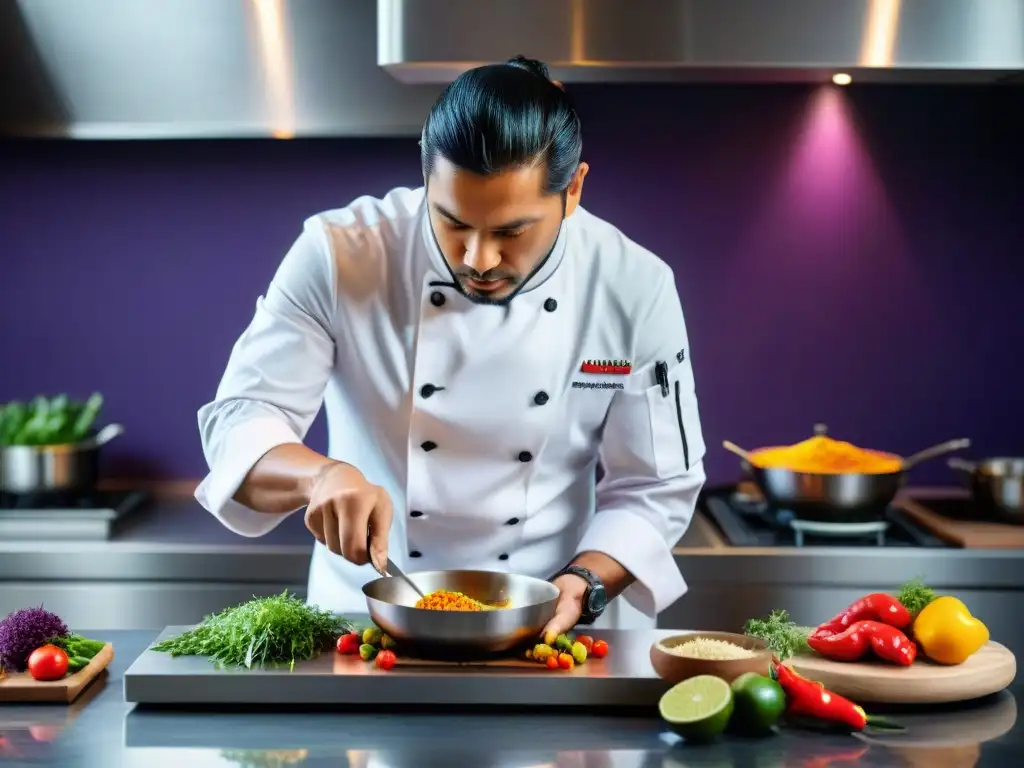 Un chef peruano en una cocina moderna, creando una fusión culinaria de vanguardia con ingredientes tradicionales peruanos