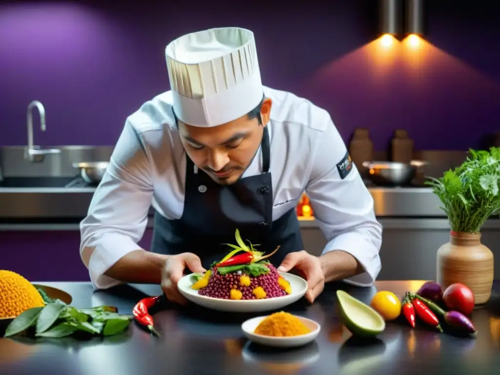 Un chef peruano en una cocina modular de vanguardia, creando platos fusionando sabores tradicionales y técnicas modernas