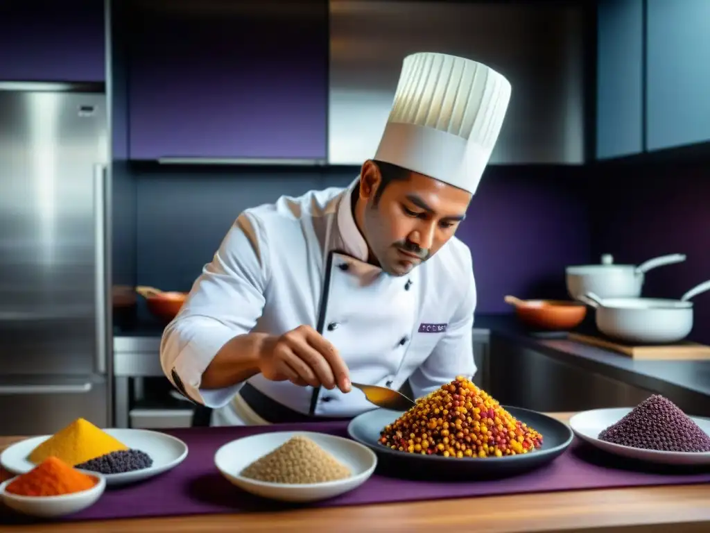 Chef peruano creando cocina molecular con ingredientes autóctonos en moderna cocina