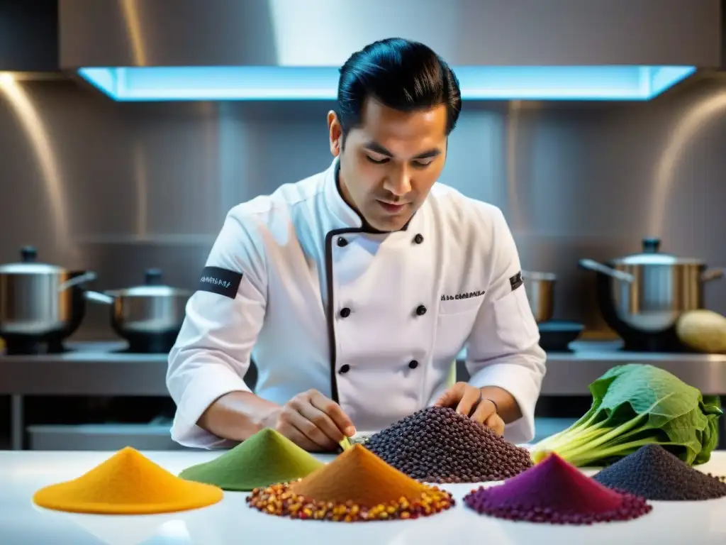 Un chef peruano en cocina molecular con superalimentos peruanos, fusionando tradición y vanguardia culinaria