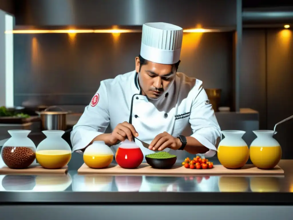 Chef peruano en cocina molecular con ingredientes autóctonos, fusionando tradición e innovación culinaria