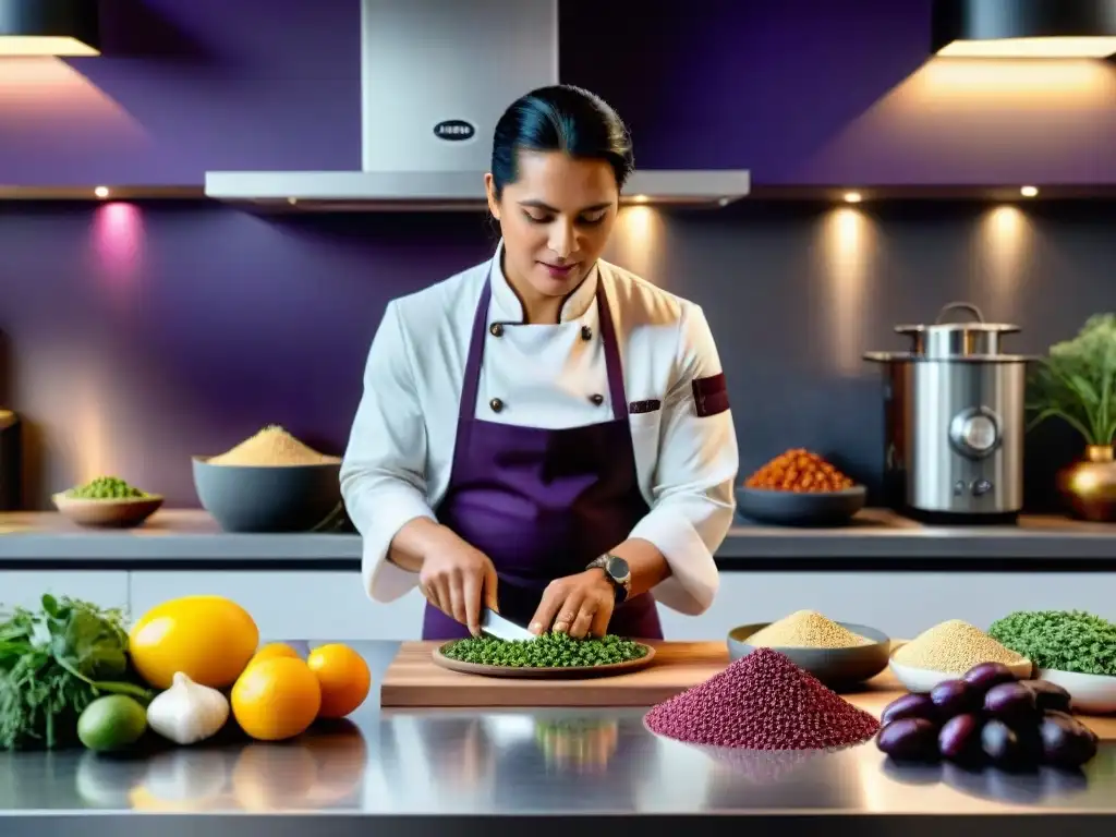 Chef peruano preparando una cocina nutritiva con superalimentos peruanos en un ambiente moderno y colorido