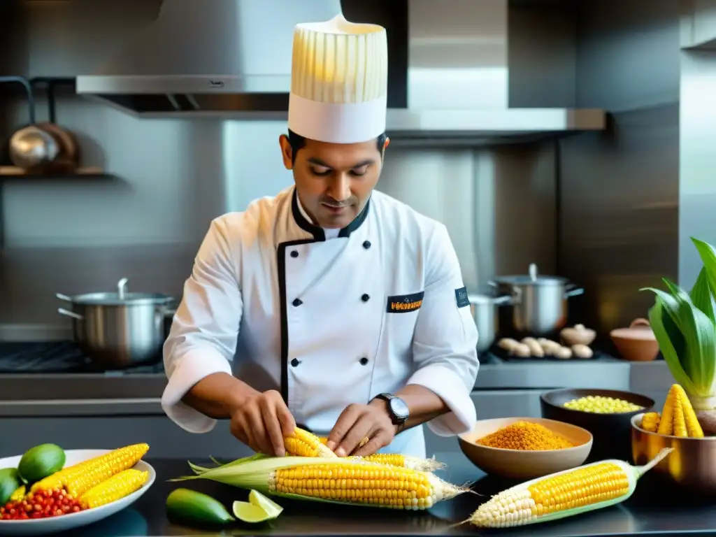 Un chef peruano en cocina fusión, creando platos innovadores con maíz peruano en un ambiente vibrante y detallado