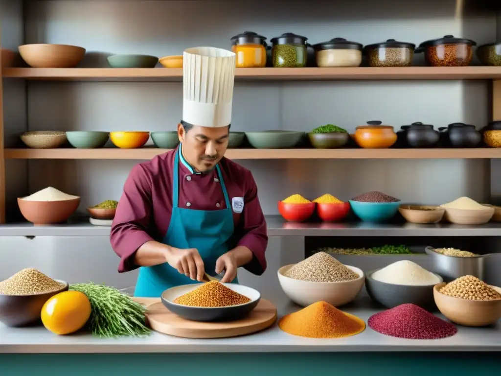 Un chef peruano en su cocina profesional incorporando supergranos andinos como la quinua, la kiwicha y el amaranto en platos vibrantes