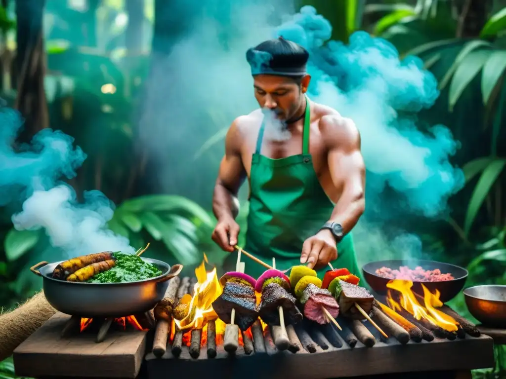 Un chef peruano tradicional cocina recetas de carnes exóticas en la selva, rodeado de hierbas frescas y utensilios autóctonos