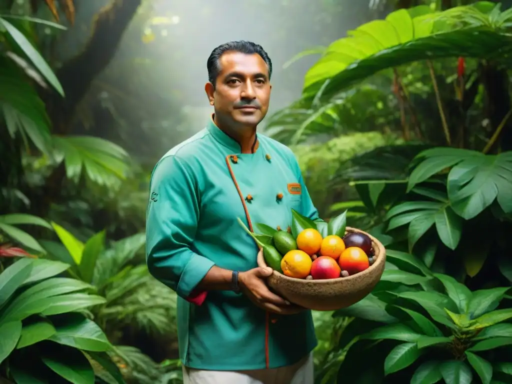 Chef peruano en cocina amazónica, rodeado de exóticas frutas y vegetación vibrante, iluminado por luz cálida