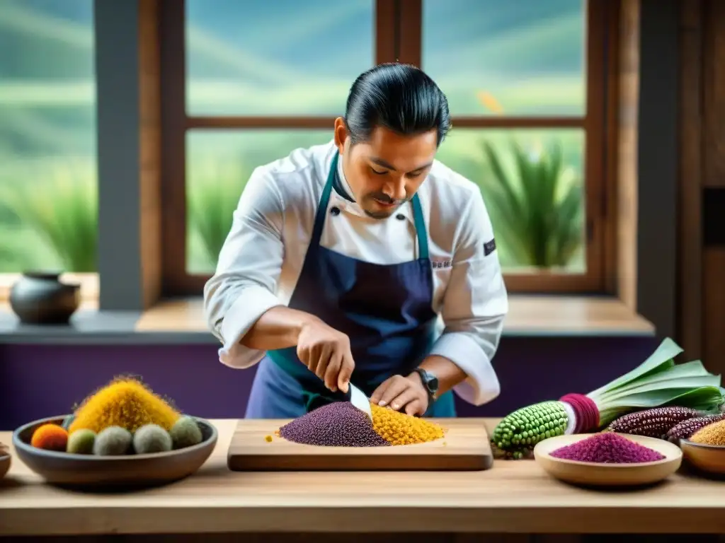 Chef peruano creando plato colorido con ingredientes orgánicos Un chef peruano en una cocina rústica, rodeado de ingredientes orgánicos peruanos, mostrando estilismo y diversidad