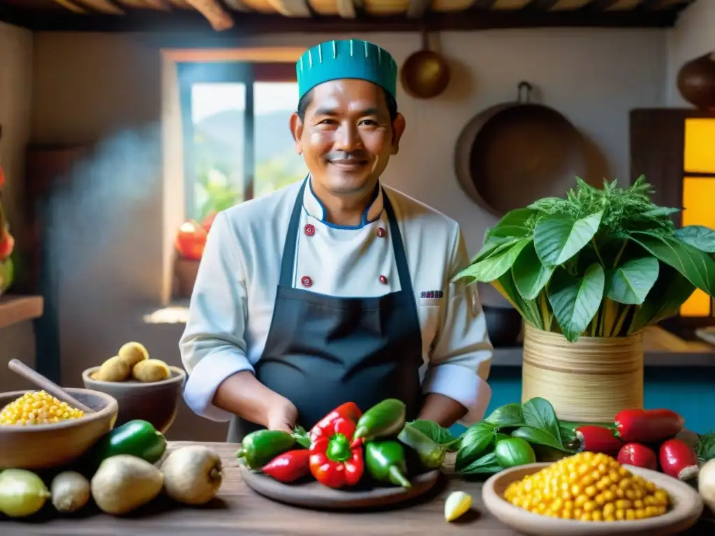 Chef peruano en cocina rústica con huacatay y ingredientes frescos