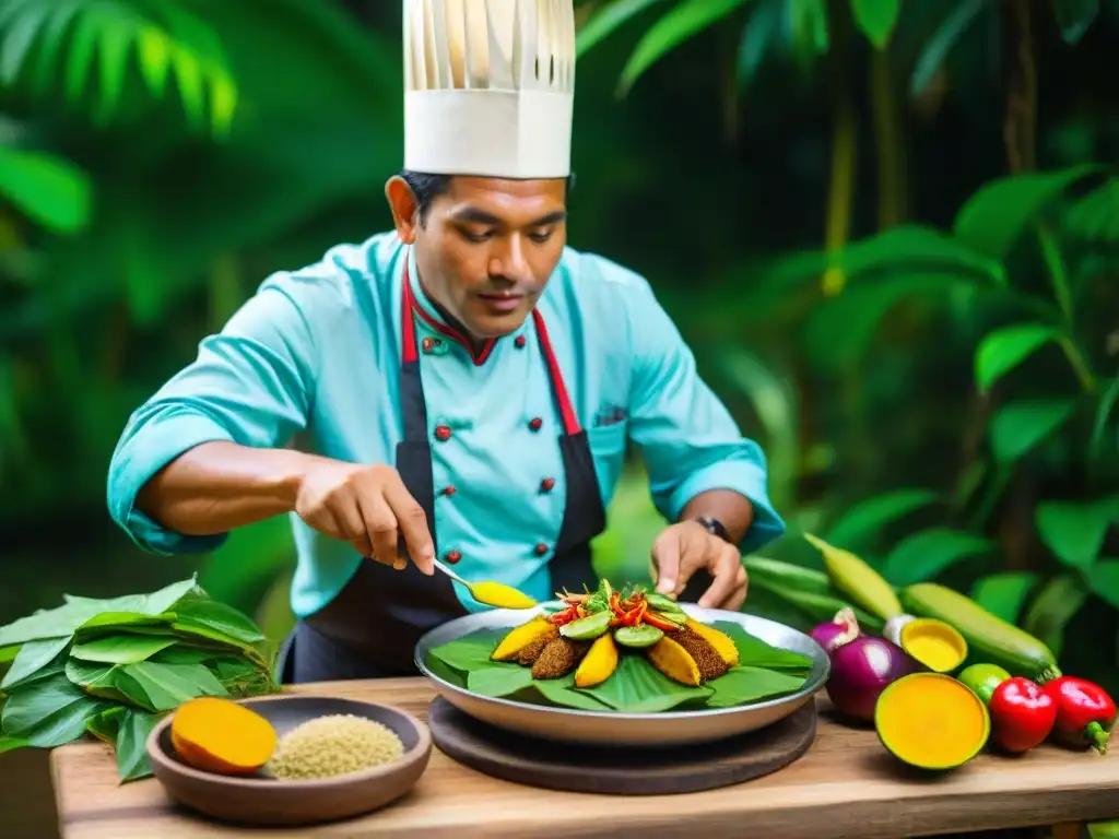 Chef peruano en cocina amazónica, fusionando sabores con destreza entre la exuberante vegetación