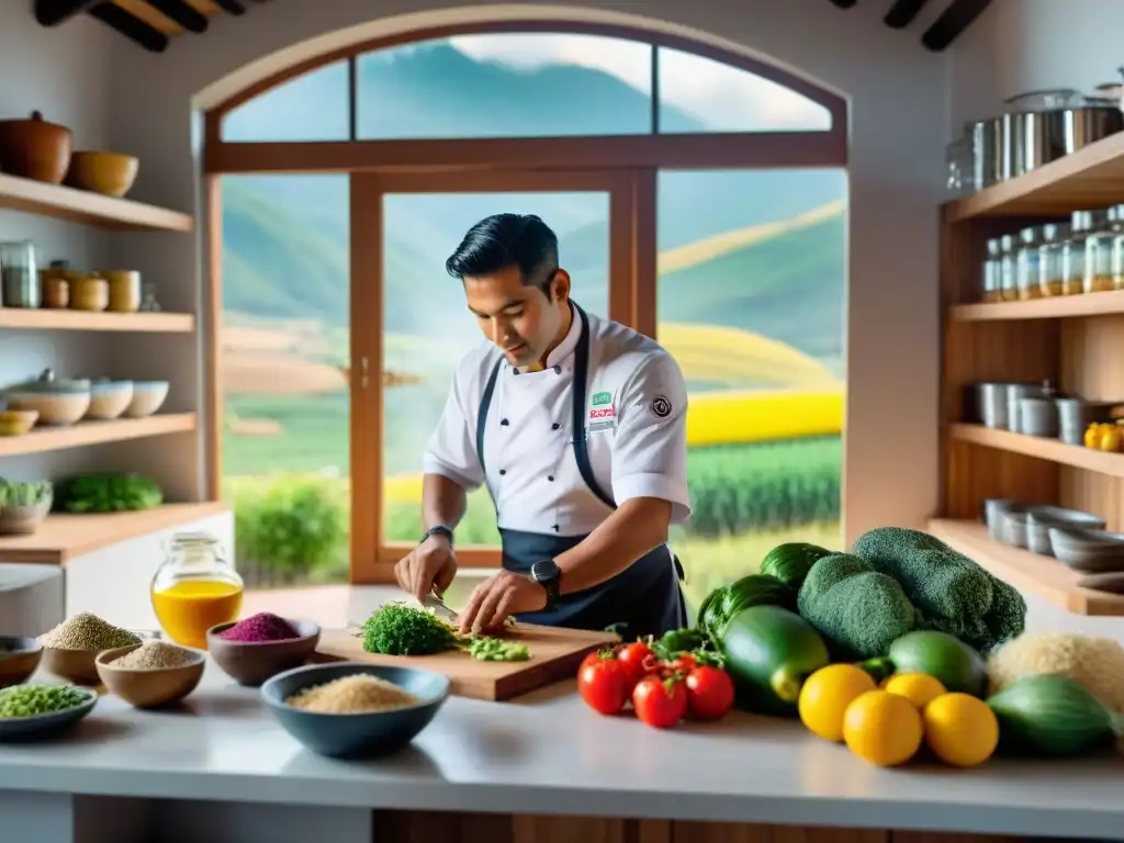 Un chef peruano en su cocina sostenible, rodeado de ingredientes coloridos, consultando libros de cocina sostenible Perú