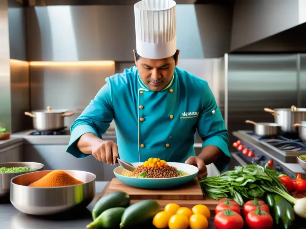 Chef peruano transformando la cocina con técnicas modernas en una cocina vibrante llena de ingredientes frescos y equipamiento innovador