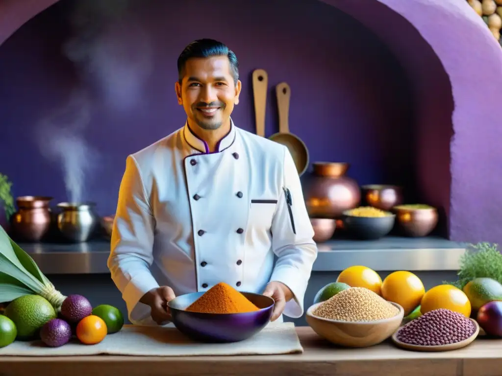 Un chef peruano en su cocina tradicional rodeado de vibrantes ingredientes autóctonos