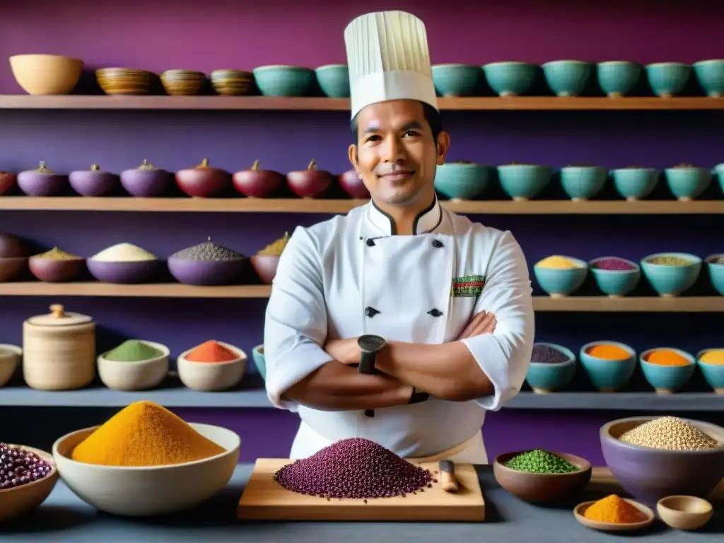 Un chef peruano en una cocina tradicional con ingredientes autóctonos vibrantes