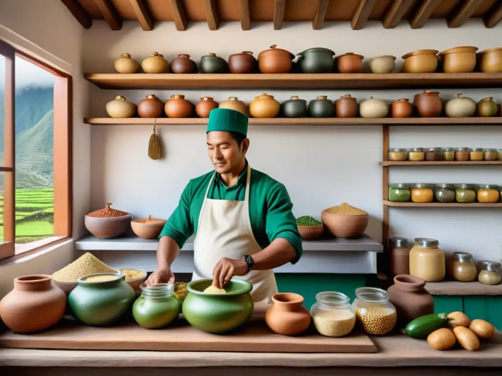 Chef peruano preparando fermentación en cocina tradicional andina