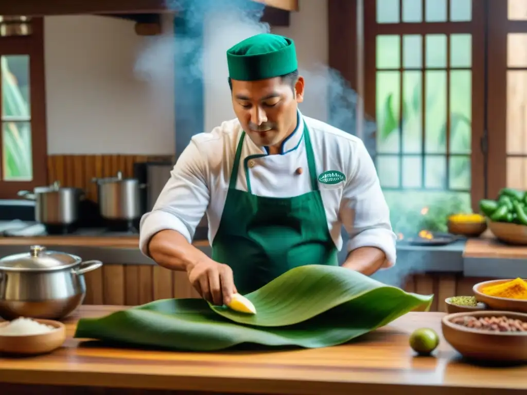 Un chef peruano envuelve con maestría un juane en una cocina tradicional, con ingredientes frescos