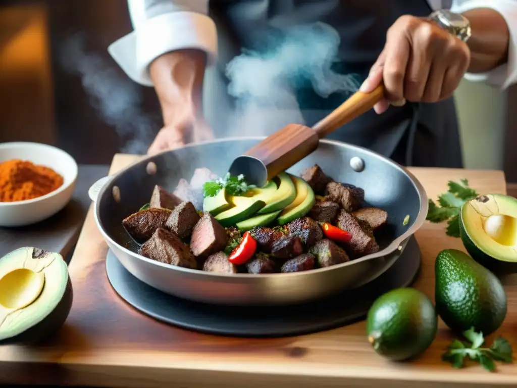 Chef peruano en cocina tradicional usa espátula de madera para dorar carne