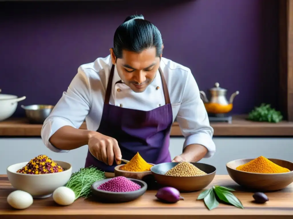 Chef peruano fusionando cocina tradicional con ingredientes autóctonos en cocina moderna