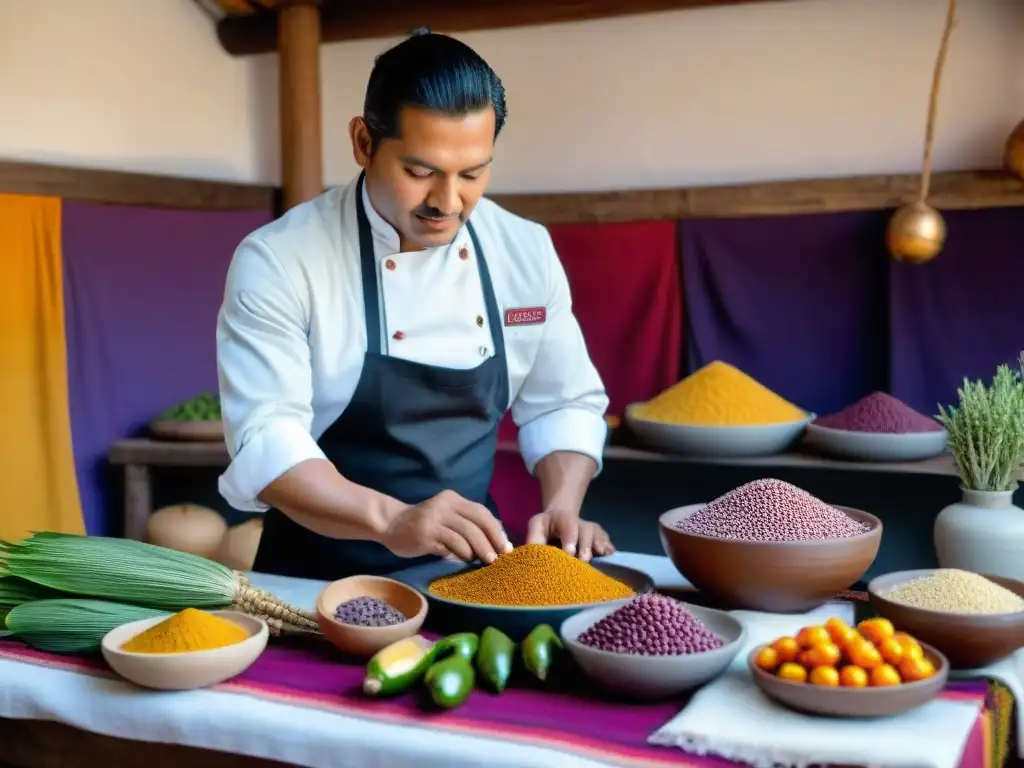 Un chef peruano en una cocina tradicional con ingredientes autóctonos vibrantes