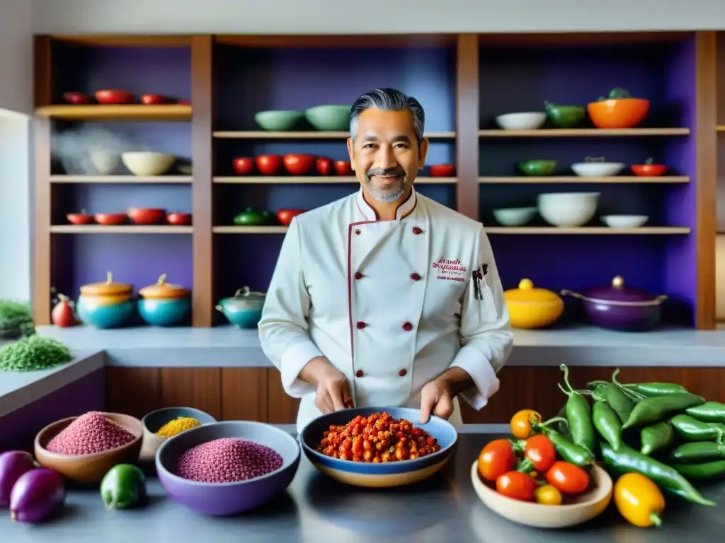 Chef peruano en cocina tradicional, rodeado de ingredientes vibrantes y libros de cocina peruana