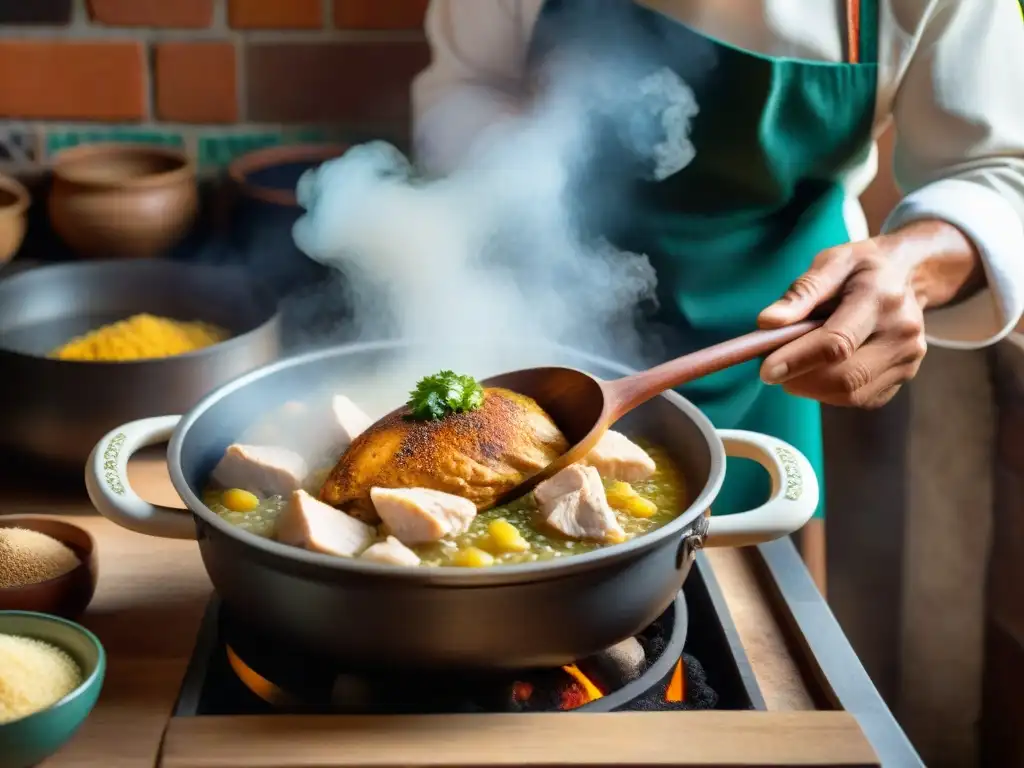 Un chef peruano en su cocina tradicional removiendo con pasión un ají de gallina, resaltando la importancia de la cuchara de palo