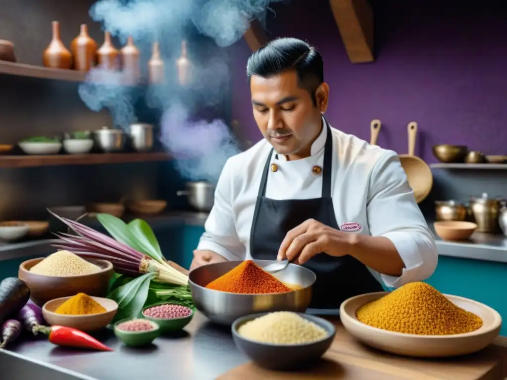 Un chef peruano en una cocina tradicional con ingredientes autóctonos, creando una obra culinaria