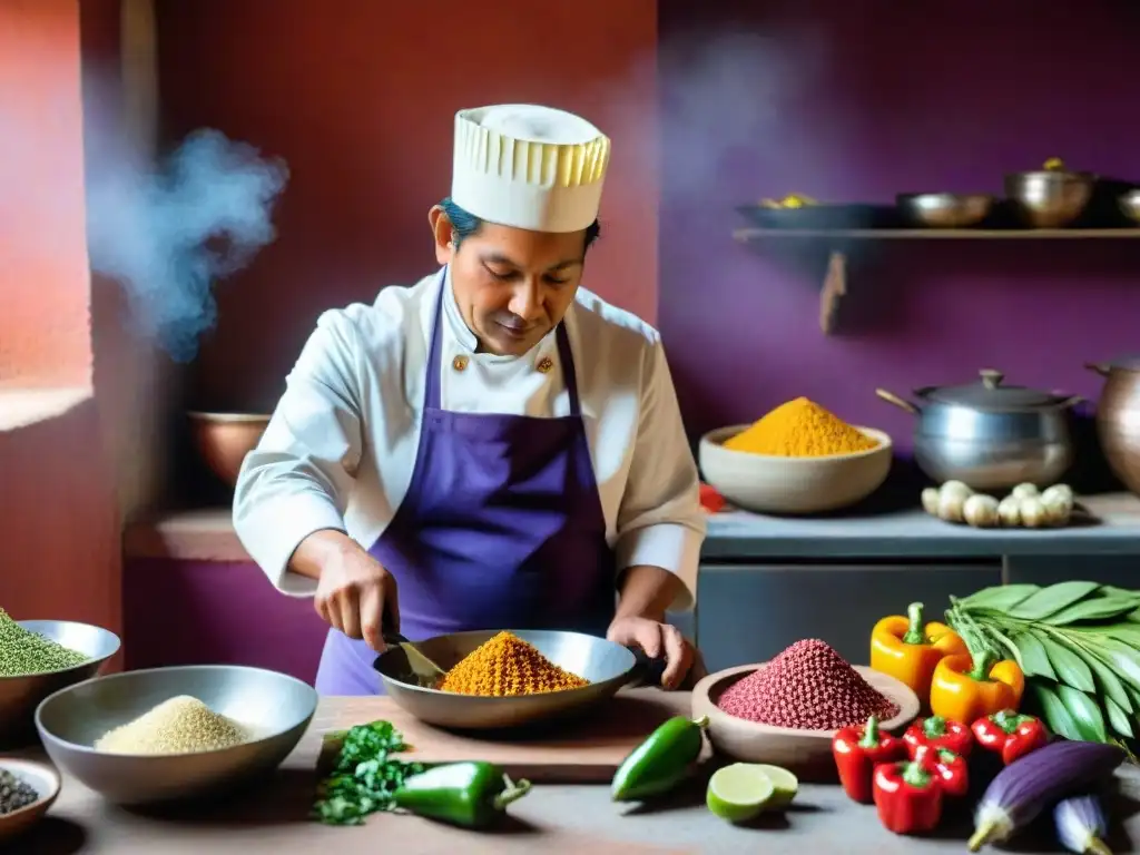 Un chef peruano en una cocina tradicional rodeado de ingredientes locales, preparando con destreza