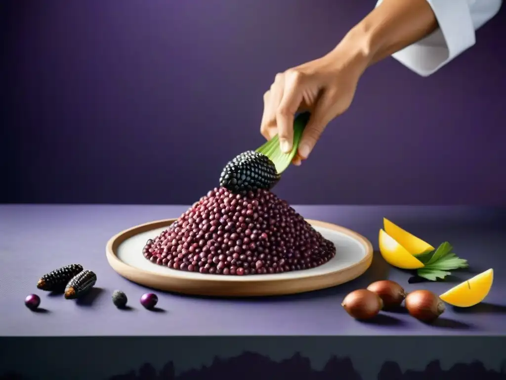Chef peruano fusionando maíz morado en cocina innovadora Un chef peruano en cocina vanguardia fusiona maíz morado con técnica innovadora