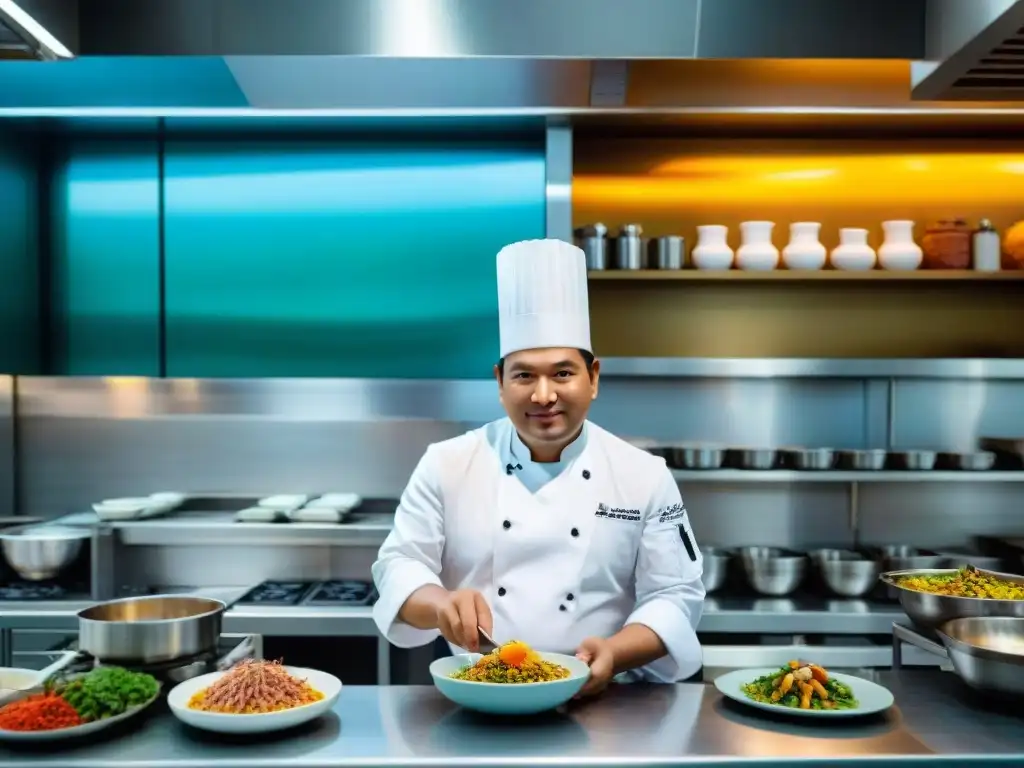 Un chef peruano en una cocina de vanguardia en Lima, rodeado de tecnología en gastronomía peruana, creando platos innovadores