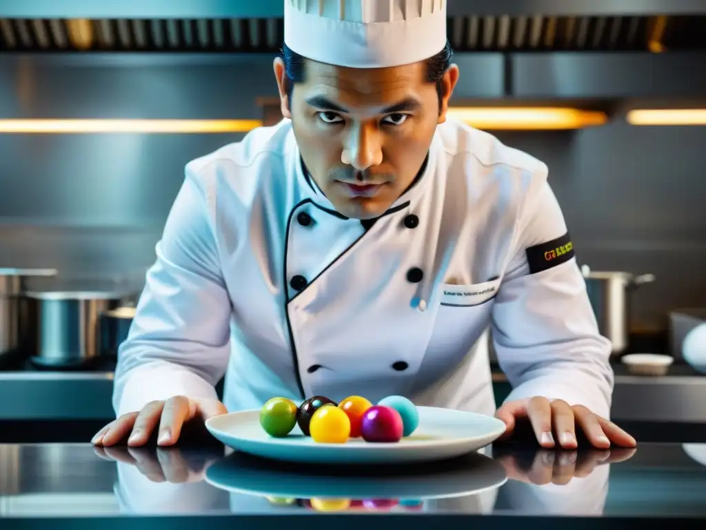 Chef peruano en cocina de gastronomía molecular: arte y precisión Chef peruano en cocina de vanguardia, creando esferas coloridas entre nitrógeno líquido, destacando la precisión de la gastronomía molecular en Perú