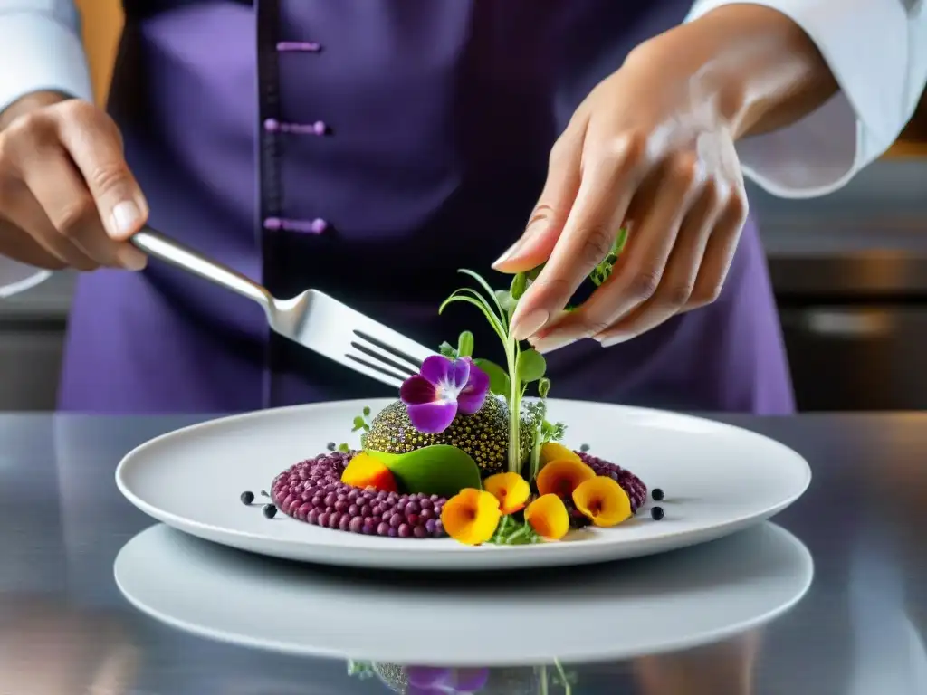 Chef peruano crea obra maestra con maíz morado Un chef peruano en cocina vanguardia presenta un exquisito plato con maíz morado, detallado y artístico