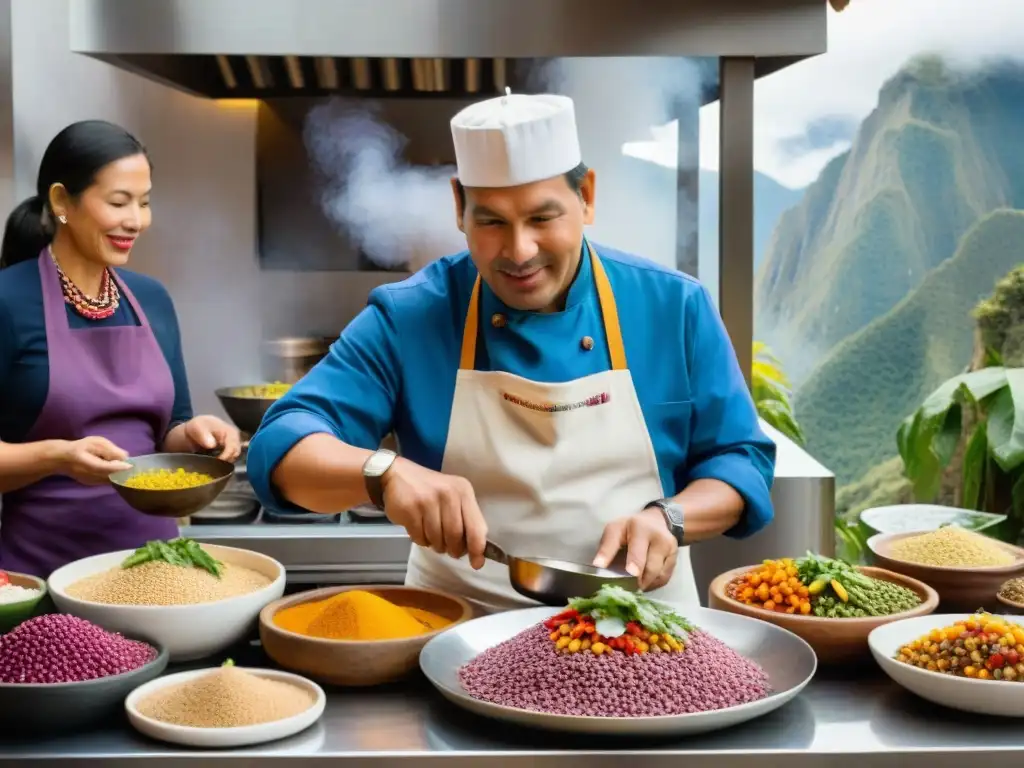 Chef peruano en cocina vibrante, explicando la historia del ceviche a comensales internacionales