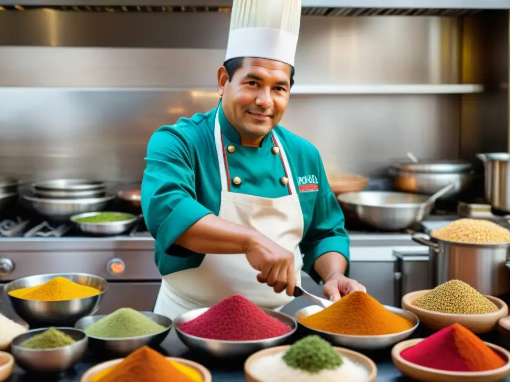 Chef peruano en cocina vibrante, preparando plato emblemático con técnicas ancestrales