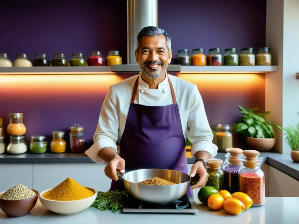 Chef peruano Jaime Pesaque en su cocina vibrante, rodeado de ingredientes autóctonos peruanos