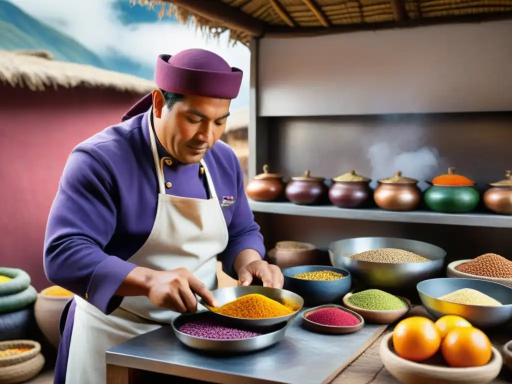 Un chef peruano prepara Frejol Colado en una cocina tradicional llena de ingredientes coloridos como el maíz morado y la quinua