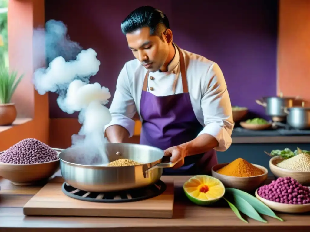 Un chef peruano prepara Frejol Colado en una cocina tradicional con ingredientes vibrantes