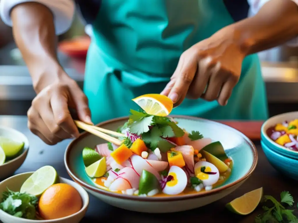 Un chef peruano prepara ceviche, exhibiendo los colores vibrantes de los ingredientes frescos en un mercado peruano