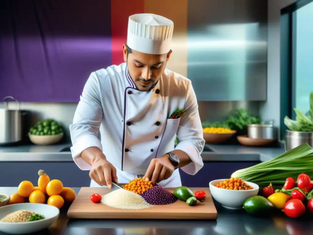 Un chef peruano prepara una colorida cocina vegana, fusionando sabores tradicionales con un toque moderno